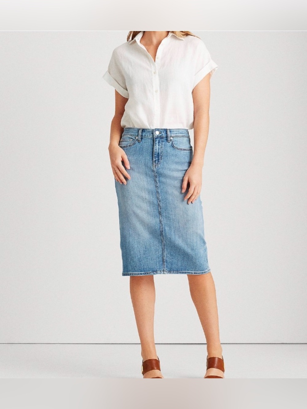 Lauren Ralph Lauren Curvy Sculped Denim Pencil Skirt Light Wash Sz 18 Stretch